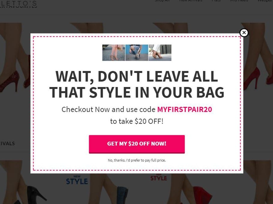 Shopping cart abandonment pop up offer with promo code for 20% off.