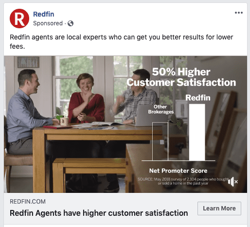 Redfin Real Estate ad showing results of customer satisfaction survey.