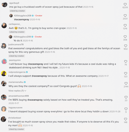 The power of influencer marketing - TikTok comments on Ocean Spray.