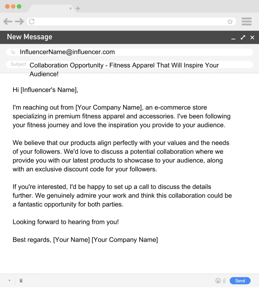 Example of an effective e-ecommerce marketing email to reach out to potential influencers: