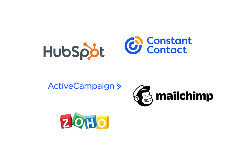 Logos of HubSpot, Constant Contact, ActiveCampaign, Mailchimp & Zoho showcasing email marketing automation platforms. Logos of HubSpot, Constant Contact, ActiveCampaign, Mailchimp & Zoho showcasing email marketing automation platforms.