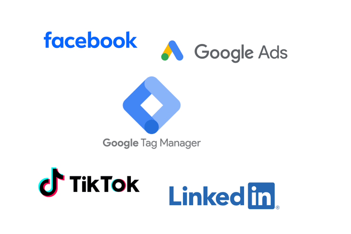 Logos of Facebook, Google Ads, Google Tag Manager, TikTok and LinkedIn representing advertising and tracking platforms.