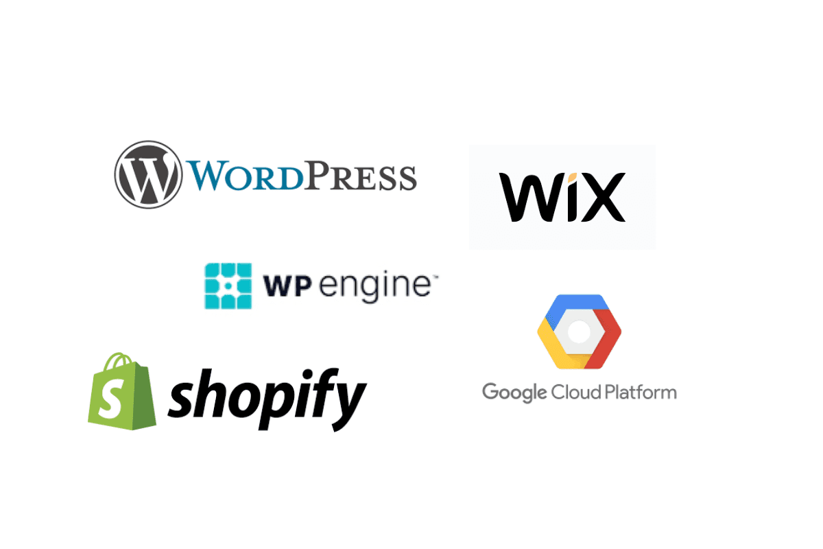 Logos of WordPress, Wix, WP Engine, Google Cloud Platform and Shopify showcasing website and e-commerce hosting platforms.