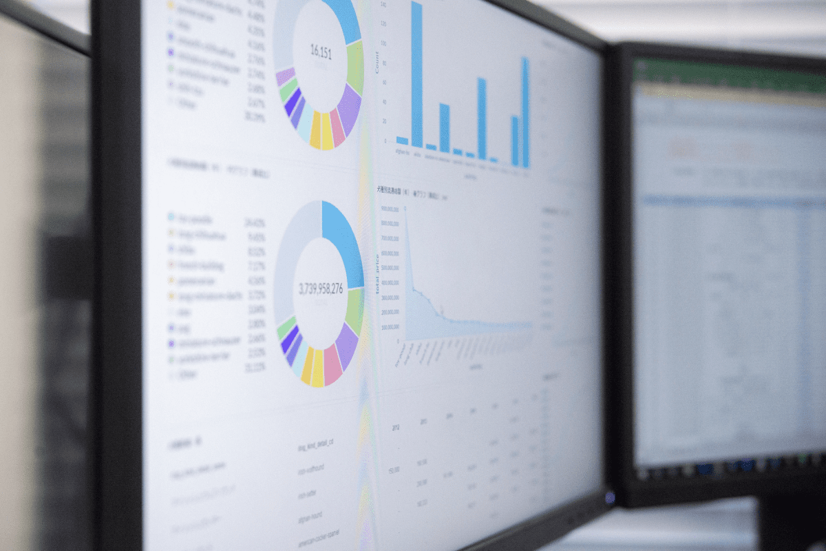 Two monitors displaying colorful pie charts, bar charts and line graphs on a modern dashboard for real-time data insights.