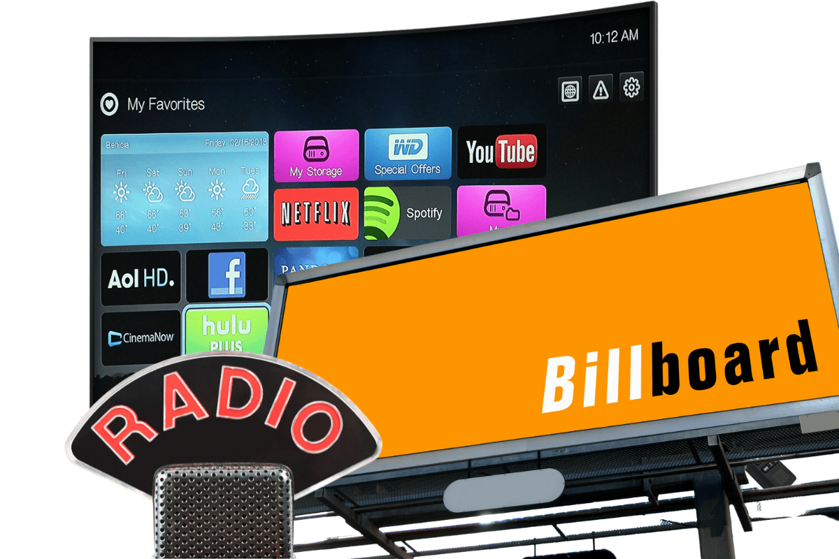 A collage featuring a modern smart TV screen displaying apps like Netflix, YouTube, and Spotify; a bold orange billboard labeled "Billboard"; and a vintage-style radio microphone with the word "RADIO" in red letters—illustrating a blend of traditional and modern media formats.