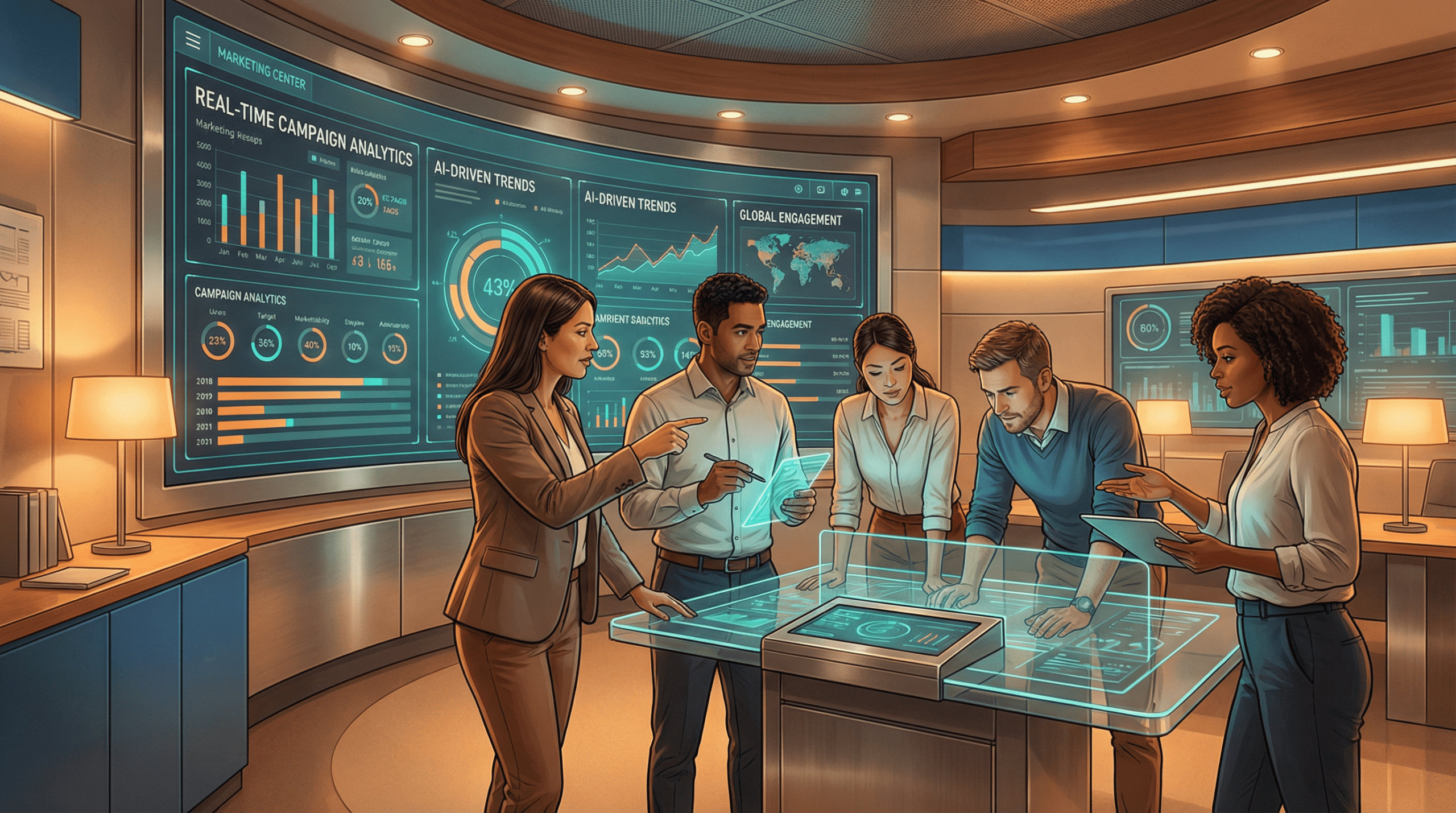 Marketing team collaborating with AI-powered campaign analytics