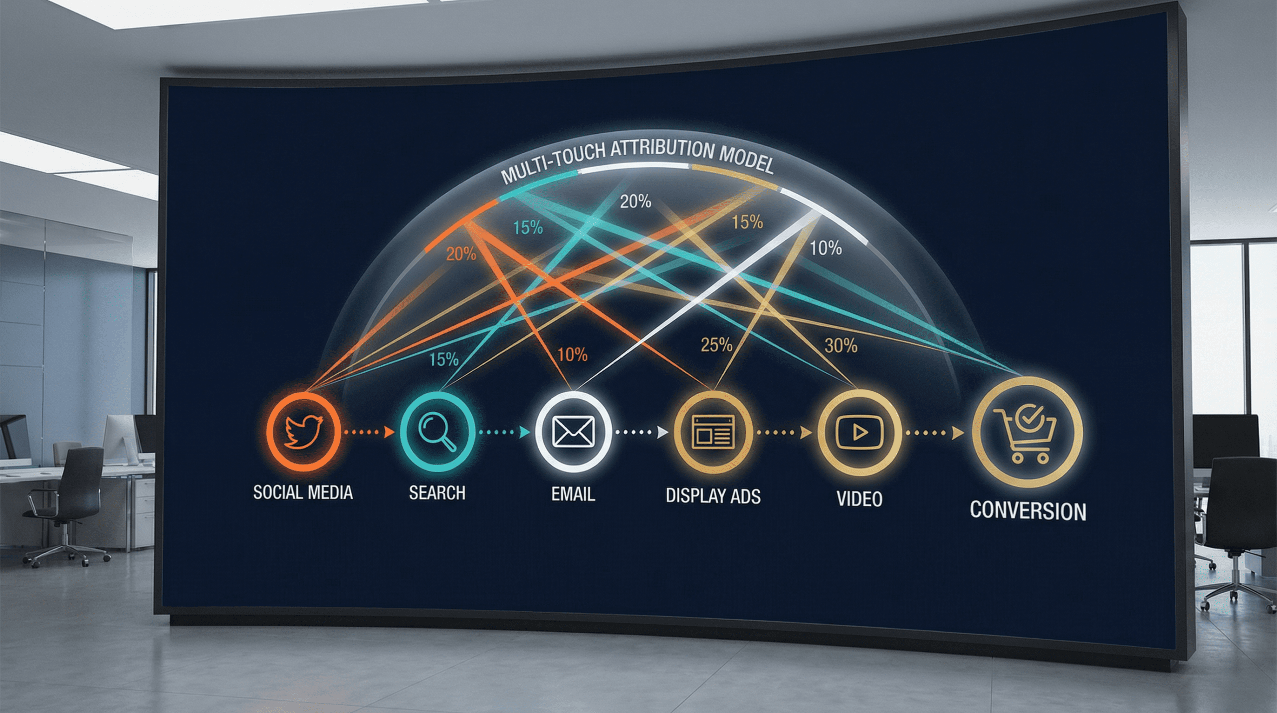 Multi-touch attribution model showing weighted credit across marketing touchpoints